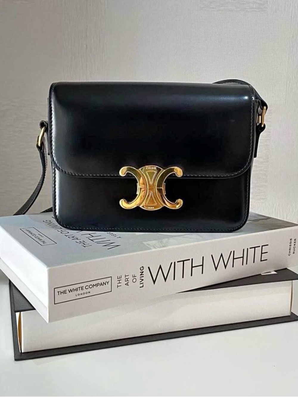 Authentic Celine Black Teen Triomphe Shiny Calfskin Leather with Gold Hardware